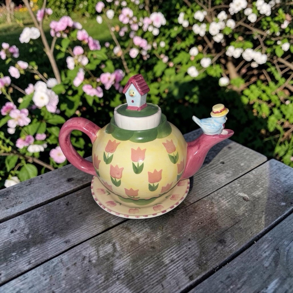 Welcome Home Charming Birdhouse Teapot And Platter Vandor Designs Colorful 1997